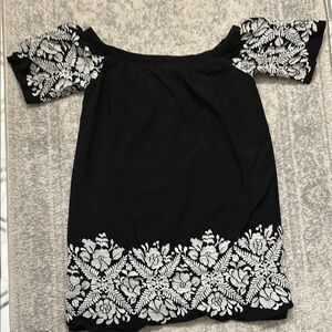 Black Off-Shoulder Top with White Embroidery